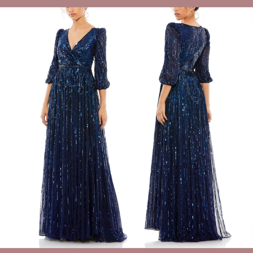NEW $598 Mac‎ Duggal [ 20 ] Sequin Wrap Over 3/4 Sleeve Gown Midnight Blue #S981
